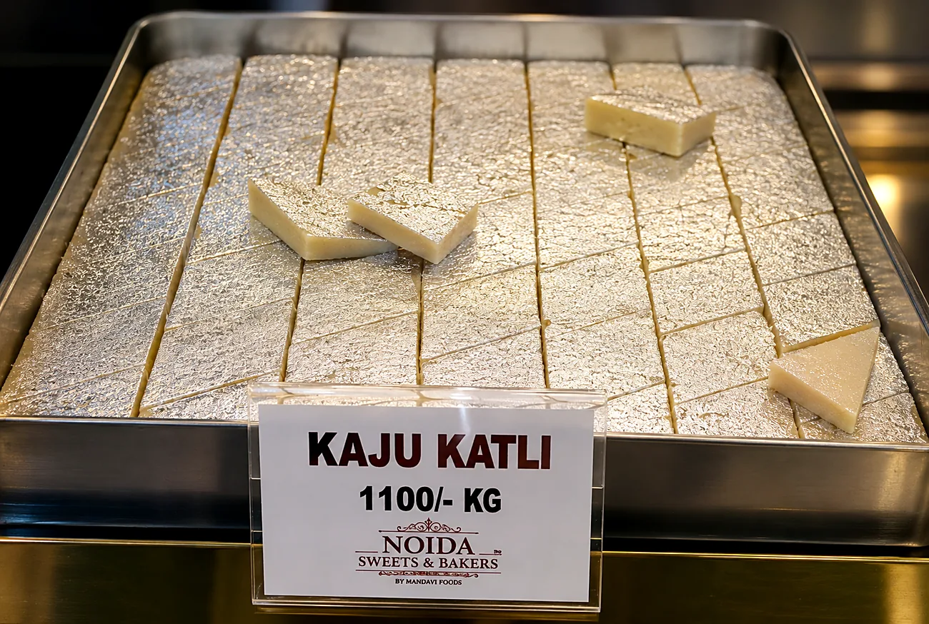 Kaju katli — our photo Kaju katli tray with silver vark at Noida Sweets and Bakers — our photo